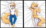  2014 4_toes 5_toes anthro barefoot bed bedroom_eyes biped black_nose blue_eyes blush brown_fur brown_hair butt canine cheek_tuft clothed clothing cute_fangs dakimakura_design dipstick_ears dog fangs fluffy fluffy_tail fur fur_markings hair half-closed_eyes looking_at_viewer looking_back lying male mammal markings multicolored_fur navel nude on_back on_bed on_front one_eye_closed open_mouth pants pawpads pink_pawpads saku1saya seductive solo spots teeth toes tongue topless tuft two_tone_fur underwear unzipped watermark white_fur 