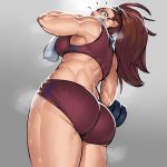  1girl ass breasts brown_eyes brown_hair captain_mizuki from_below krekk0v large_breasts long_hair looking_at_viewer looking_back midriff muscle muscular_female one-punch_man ponytail short_shorts shorts smell solo sports_bra steam sweat 