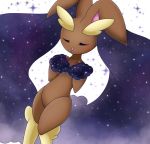  1girl animal_ears blush bunny_ears creatures_(company) dutch_angle eyes_closed female furry game_freak gen_4_pokemon hands_up highres knees_together_feet_apart light_blush lopunny muguet nintendo no_humans pokemon pokemon_(creature) simple_background solo sparkle white_background 