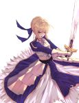  absurdres armor armored_dress artoria_pendragon_(all) blonde_hair blue_dress braid breastplate dress excalibur fate/stay_night fate_(series) french_braid gauntlets green_eyes hair_between_eyes highres holding holding_sword holding_weapon huge_filesize juliet_sleeves long_sleeves looking_at_viewer puffy_sleeves saber short_hair simple_background solo sword tgb0223 weapon white_background 