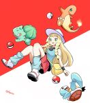  blonde_hair blue_(pokemon) blue_(pokemon)_(cosplay) bulbasaur charmander commentary_request convenient_leg cosplay glassy0302 green_eyes highres lillie_(pokemon) miniskirt poke_ball pokemon pokemon_(creature) pokemon_(game) pokemon_sm red_eyes red_skirt skirt squirtle 