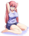  :d armpits arms_up barefoot blue_shorts blush breasts eyebrows_visible_through_hair glasses green-framed_eyewear hair_between_eyes head_tilt large_breasts log-mi_(tonpuu) long_hair looking_at_viewer open_mouth original pink_hair purple_eyes semi-rimless_eyewear shirt shorts sitting sleeveless sleeveless_shirt smile solo striped striped_shirt tonpuu under-rim_eyewear very_long_hair wariza white_background 