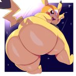  absurd_res action_pose anthro barefoot big_butt bottomless breasts butt butt_focus cleft_tail clothed clothing cosplay_pikachu female fur hi_res huge_butt looking_at_viewer looking_back mask motion_lines nintendo open_mouth pikachu pikachu_libre pok&eacute;mon pok&eacute;mon_(species) pose rear_view side_boob simple_background slightly_chubby smile solo thick_thighs tongue trinity-fate62 video_games wide_hips yellow_fur 