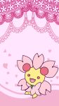  cherubi creatures_(company) full_body game_freak gen_4_pokemon muguet nintendo no_humans open_mouth petals pink_background pokemon pokemon_(creature) red_eyes simple_background smile solo standing 