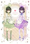  arm_at_side blue_ribbon blush boots brown_hair chara_(undertale) closed_eyes closed_mouth cross-laced_footwear earrings english eyebrows_visible_through_hair frisk_(undertale) full_body green_footwear green_hair green_ribbon green_skirt hair_ribbon hand_on_own_chest heart holding_hands ie_(nyj1815) jewelry knee_boots long_sleeves multiple_others neck_ribbon parted_lips purple_ribbon purple_skirt red_eyes ribbon shirt shoes short_hair skirt smile sparkle standing thighhighs undertale white_shirt 