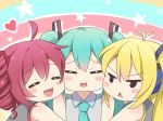  3girls :d :t =_= agung_syaeful_anwar ahoge blonde_hair blue_hair blue_neckwear blush character_request chibi collared_shirt commentary_request eyes_closed facing_viewer frown grey_shirt hatsune_miku heart multiple_girls necktie open_mouth outline red_hair shirt smile star triangle_mouth vocaloid white_outline wing_collar 