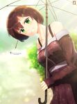  bare_shoulders blurry blurry_background blush breasts brown_hair chinchongcha collarbone dress eyebrows_visible_through_hair green_eyes highres holding looking_at_viewer medium_breasts original rain short_hair smile solo umbrella watermark 