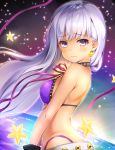  bangs bare_arms bare_shoulders bb_(fate)_(all) bb_(swimsuit_mooncancer)_(fate) bikini blush breasts closed_mouth commentary earrings eyebrows_visible_through_hair fate/grand_order fate_(series) from_side highres jewelry long_hair looking_at_viewer looking_to_the_side pilokey purple_bikini purple_eyes purple_hair small_breasts solo star star_earrings swimsuit very_long_hair 