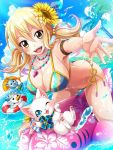  1girl animal armlet ass beach bikini blonde_hair blue_ribbon breasts cat cleavage cloud day fairy_tail female flower hair_between_eyes hair_flower hair_ornament happy_(fairy_tail) innertube jewelry large_breasts long_hair looking_at_viewer lucy_heartfilia midriff nail_polish navel necklace ocean official_art open_mouth outdoors palm_tree pink_nails plue ribbon sand shiny shiny_skin shironeko_project sideboob smile snowman solo stomach striped sunflower swimsuit tied_hair tree twintails underboob water wet wrist_ribbon yellow_eyes yellow_flower 