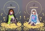  black_legwear black_shorts blue_shirt chara_(undertale) closed_eyes closed_mouth collarbone constellation english eyebrows_visible_through_hair flower frisk_(undertale) glowing glowing_petals green_shirt ie_(nyj1815) long_sleeves looking_at_viewer multiple_others no_shoes parted_lips petals purple_flower purple_rose red_eyes red_flower red_rose reflection rose shirt short_hair shorts sitting skull smile striped striped_shirt thighhighs thorns undertale veil wariza 