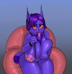  2018 anthro areola armband big_breasts bikini blush bottomless breast_grab breast_squeeze breasts cat chelodoy chest_tuft clothed clothing feline female fur hair hand_on_breast huge_breasts kara_(chelodoy) looking_at_viewer mammal mostly_nude nipple_piercing nipples orange_sclera piercing puffy_areola purple_fur saliva saliva_string seductive shiny sitting solo string_bikini swimsuit tongue tongue_out tuft 