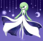  1girl alternate_eye_color creatures_(company) crescent_moon diamond_(shape) female full_body game_freak gardevoir gen_3_pokemon gradient gradient_background green_hair hair_over_one_eye highres knees_together_feet_apart looking_at_viewer moon muguet nintendo no_humans no_mouth pokemon pokemon_(creature) purple_background purple_eyes short_hair simple_background solo standing star sun walking 