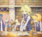  blonde_hair book bookmark bookshelf brown_hair chair diana_cavendish freckles green_eyes hairband hand_on_own_head indoors kagari_atsuko library little_witch_academia long_hair looking_down lotte_jansson marker_(medium) multiple_girls neck_ribbon open_mouth pen pink_eyes pink_hair pointing ribbon school_uniform semi-rimless_eyewear shiratama_(hockey) short_hair short_ponytail sitting smile studying sucy_manbavaran sweatdrop table traditional_media under-rim_eyewear uniform_vest wand 