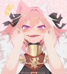  1boy animal_ears astolfo_(fate) black_ribbon blush cat_ears cheek_pull cheek_squash eyebrows_visible_through_hair face fang fate/apocrypha fate_(series) fur_trim hair_between_eyes hair_intakes hair_ribbon hands_on_another&#039;s_face hands_on_another's_face looking_at_viewer md5_mismatch multicolored_hair open_mouth out_of_frame paw_print_pattern pink_hair pov pov_hands purple_eyes ribbon short_hair solo_focus srinitybeast tears two-tone_hair watermark web_address 