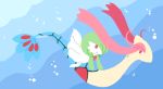  1girl blue_background bubbles chibi creatures_(company) female full_body game_freak gardevoir gen_3_pokemon green_hair hair_over_one_eye milotic muguet nintendo no_humans no_lineart open_mouth pokemon pokemon_(creature) red_eyes riding short_hair simple_background underwater water 