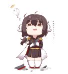 :d ahoge ame. azur_lane bangs broken brown_eyes brown_hair brown_jacket brown_skirt chibi curled_horns epaulettes eyebrows_visible_through_hair giving_up_the_ghost gloves hair_between_eyes halo horns jacket long_hair long_sleeves mikasa_(azur_lane) open_mouth pleated_skirt red_footwear signature skirt smile solo standing tears thighhighs translation_request white_background white_gloves white_legwear 