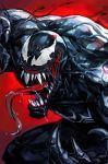  claws crazy_smile drooling fangs hankuri long_tongue male_focus marvel red_background saliva sharp_teeth symbiote teeth tongue venom_(marvel) 