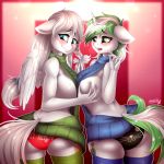  2018 5_fingers absurd_res anthro anthro_on_anthro big_breasts blue_eyes blush breast_grab breasts butt clothed clothing cutie_mark duo english_text equine eyebrows eyelashes fan_character feathered_wings feathers female female/female floppy_ears green_eyes green_hair grope hair hair_tie hand_on_breast hi_res horn legwear long_hair looking_back mammal multicolored_hair my_little_pony open_mouth panties pegasus portrait rear_view side_boob signature silver_hair smile sparklyon3 standing stockings sweater teeth text thigh_highs three-quarter_portrait tongue two_tone_hair underwear unicorn virgin_killer_sweater white_feathers white_hair wings 