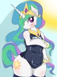  2016 anthro blue_background blush clothed clothing crown cutie_mark equine eyebrows eyelashes female friendship_is_magic hair hooves horn japanese_text legwear long_hair looking_away mammal multicolored_hair my_little_pony navel one-piece_swimsuit portrait princess_celestia_(mlp) purple_eyes rainbow_hair royalty shadow simple_background solo standing sun swimsuit text thick_thighs thigh_highs three-quarter_portrait umejiru 