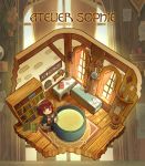  1other :&gt; atelier_(series) atelier_sophie book bookmark bookshelf bottle brown_eyes brown_hair cauldron chalkboard character_name chibi closed_mouth coat commentary_request copyright_name curtains from_above gem head_scarf indoors kuromame_(honey_728) looking_at_viewer open_book open_clothes open_coat plachta plant potted_plant round-bottom_flask rug shelf short_hair sleeves_past_wrists sophie_neuenmuller standing stick test_tube window wooden_floor 