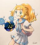  backpack bag blonde_hair commentary_request cosmog gen_7_pokemon green_eyes highres kairi_(ayuara) legendary_pokemon lillie_(pokemon) marker_(medium) pokemon pokemon_(creature) pokemon_(game) pokemon_sm skirt smile traditional_media 