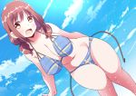  :d bangs bikini blue_bikini breasts brown_eyes brown_hair curvy day dutch_angle eyebrows_visible_through_hair hair_over_shoulder harukana_receive large_breasts looking_at_viewer low_twintails naruse_mai navel oozora_haruka_(harukana_receive) open_mouth outdoors plaid plaid_bikini sky smile solo swimsuit twintails 