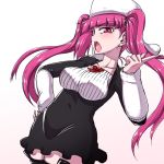  1girl bleach blush breasts curvy dokugamine_riruka hanya_(hanya_yashiki) hat large_breasts long_hair looking_at_viewer open_mouth pink_eyes pink_hair shiny shiny_skin simple_background solo tsundere twintails upper_body 