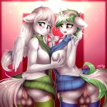  2018 5_fingers absurd_res anthro anthro_on_anthro backsack balls big_breasts blue_eyes blush bottomless breast_grab breasts butt clothed clothing cutie_mark duo equine eyebrows eyelashes fan_character feathered_wings feathers floppy_ears green_eyes green_hair grope hair hair_tie hand_on_breast herm herm/herm hi_res horn intersex intersex/intersex legwear long_hair looking_back mammal multicolored_hair my_little_pony open_mouth pegasus penis portrait pussy rear_view side_boob signature silver_hair smile sparklyon3 standing stockings sweater teeth thigh_highs three-quarter_portrait tongue two_tone_hair unicorn virgin_killer_sweater white_feathers white_hair wings 