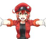  ae-3803 bickle_(bickle1983) black_shirt blush cabbie_hat commentary gloves hat hataraku_saibou highres jacket looking_at_viewer md5_mismatch reaching red_blood_cell_(hataraku_saibou) red_hair red_jacket shirt short_hair smile solo transparent_background upper_body white_gloves yellow_eyes 