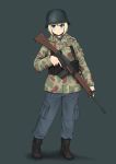  absurdres battle_rifle blonde_hair blue_eyes camouflage cargo_pants fn_fal full_body germany gun helmet highres holding holding_gun holding_weapon military military_uniform millimeter original pants rifle short_hair simple_background solo stahlhelm trigger_discipline uniform weapon 