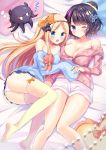  2girls :d ;) abigail_williams_(fate/grand_order) animal bangs bare_shoulders bed_sheet beige_legwear black_bow blonde_hair blue_eyes blue_shirt blush bow breasts cleavage collarbone eyebrows_visible_through_hair eyes_closed fate/grand_order fate_(series) fingernails hair_bow hair_bun hair_ornament hair_scrunchie hairband highres katsushika_hokusai_(fate/grand_order) large_breasts long_hair long_sleeves lying masayo_(gin_no_ame) multiple_girls no_shoes object_hug octopus off_shoulder on_side one_eye_closed open_mouth orange_bow parted_bangs pillow pink_shirt polka_dot polka_dot_bow polka_dot_shirt scrunchie shirt short_shorts shorts sleeping sleeves_past_fingers sleeves_past_wrists smile striped striped_hairband stuffed_animal stuffed_toy teddy_bear thighhighs tokitarou_(fate/grand_order) very_long_hair white_shorts yellow_scrunchie zzz 