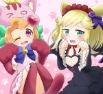  2girls :3 animal_ears anyamal_tantei_kirumin_zoo aqua_eyes bell black_dress blonde_hair blue_neckwear blush bow_tie breasts cat_ears clenched_hands dress elbow_gloves eyebrows_visible_through_hair fang female flat_chest flower fur_trim gloves hair_flower hair_ornament hair_ribbon hands_up happy hat hatori_kanon heart heart_cutout jingle_bell kneehighs knees_together_feet_apart knees_up long_sleeves looking_at_viewer mikogami_riko muguet multiple_girls one_eye_closed open_mouth orange_hair paw_pose paw_print_background pink_background pink_hat pink_shirt pink_skirt purple_flower purple_ribbon red_gloves red_legwear red_neckwear red_ribbon ribbon shirt short_hair short_sleeves shy simple_background sitting skirt small_breasts smile standing two-tone_background wink 