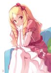  azumi_akitake blonde_hair bow brown_eyes closed_mouth couch dress drill_hair eromanga_sensei eyebrows_visible_through_hair feet_out_of_frame from_below hair_bow hands_on_own_face layered_dress layered_sleeves long_hair long_sleeves looking_at_viewer pink_bow pink_dress pointy_ears red_bow ringlets simple_background sitting solo twin_drills white_background yamada_elf 