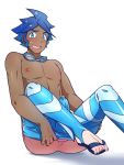  blue_eyes blue_footwear blue_hair blush chest erection erection_under_clothes goggles goggles_around_neck legs_up male_focus nipples nishikimaru pants_pull perineum pokemon pokemon_(game) pokemon_bw2 precum protected_link sandals shizui_(pokemon) simple_background sitting solo spiked_hair sweatdrop tan tanline testicles wavy_mouth white_background 