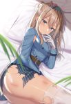  ass bangs bed_sheet blue_eyes blue_hairband blue_jacket blue_skirt blurry blurry_foreground blush breasts bruise closed_mouth commentary cowboy_shot cuts eyebrows_visible_through_hair from_above girls_frontline gloves hair_between_eyes hair_ornament hairband highres injury izumo_neru jacket light_brown_hair long_hair long_sleeves looking_at_viewer lying medium_breasts no_panties on_bed on_side one_side_up pillow shiny shiny_skin sidelocks skirt snowflake_hair_ornament solo striped suomi_kp31_(girls_frontline) thighhighs thighs torn_clothes torn_jacket torn_legwear torn_skirt vertical-striped_skirt vertical_stripes very_long_hair white_gloves white_legwear zettai_ryouiki 