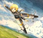  blonde_hair blue_eyes blush cloud cloudy_sky commentary day dutch_angle erica_hartmann flying happy horizon looking_at_viewer marker_(medium) military military_uniform multicolored_hair open_mouth outstretched_arms shiratama_(hockey) short_hair sky smile solo strike_witches striker_unit tail thighhighs traditional_media uniform world_witches_series zettai_ryouiki 