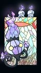  chandelure creatures_(company) fire full_body game_freak gen_5_pokemon highres litwick muguet nintendo no_humans open_mouth pokemon pokemon_(creature) smile stained_glass yellow_eyes 