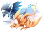  blue_fire charizard commentary_request dragon fire flying highres ivan_(ffxazq) mega_charizard_x mega_charizard_y no_humans pikachu pokemon pokemon_(creature) pokemon_(game) pokemon_xy tail wings 