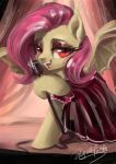  2018 absurd_res alternate_species bat_pony bat_wings clothed clothing curtains cute dress equine eyebrows eyelashes eyeshadow fangs female feral flutterbat_(mlp) fluttershy_(mlp) friendship_is_magic fully_clothed hair half-closed_eyes hi_res hooves inside looking_at_viewer makeup mammal mascara membranous_wings microphone my_little_pony oofycolorful open_mouth open_smile pink_hair portrait red_eyes signature singing slit_pupils smile solo stage standing teeth tongue wings 