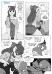  2018 anthro anthrofied apple_bloom_(mlp) blush breasts cleavage clothed clothing comic dialogue dragon english_text equine female flirting friendship_is_magic horse low-angle_view male mammal monochrome my_little_pony nervous on_top pia-sama pony spike_(mlp) text 