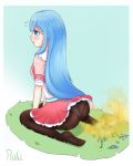  aqua_eyes ass blue_hair blush cecilia copyright_request drooping embarrassed fart flower gas grass long_hair lost_treasures panties panties_under_pantyhose pantyhose rakki991_(artist) rocket_launcher rpg signature sitting skirt skirt_lift smell underwear very_long_hair weapon 