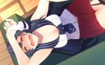  =_= agano_(kantai_collection) anchor_symbol asymmetrical_legwear black_hair black_sailor_collar breasts cleavage closed_eyes couch cowboy_shot from_above garter_straps gloves gloves_removed kantai_collection long_hair lying medium_breasts necktie open_mouth pleated_skirt red_skirt sailor_collar school_uniform serafuku single_thighhigh skirt sleeveless solo tanaka_io_(craftstudio) thighhighs tired white_gloves 