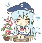  anchor_symbol basin bench blue_hat blue_sailor_collar blue_skirt blush blush_stickers brain_freeze chibi closed_eyes commentary_request eating flat_cap flower flower_pot full_body hat hibiki_(kantai_collection) highres hizuki_yayoi kantai_collection light_blue_hair long_hair miniskirt morning_glory neckerchief plant pleated_skirt potted_plant red_flower red_neckwear sailor_collar shaved_ice shirt simple_background sitting skirt soaking_feet solo spoon translation_request white_background white_shirt 