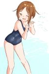  ;d bare_arms bare_shoulders blue_swimsuit blush brown_eyes brown_hair collarbone commentary_request hands_up highres one-piece_swimsuit one_eye_closed open_mouth original school_swimsuit short_hair smile solo standing swimsuit upper_teeth water white_background yuki_arare 