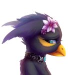  2018 alpha_channel avian azukipuddles beak bird blue_eyes chest_tuft collar coonshiz ears_down feathers female flower frown gem gryphon headshot jewelry looking_back plant sad simple_background transparent_background tuft yellow-billed_magpie yellow_beak 