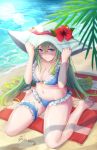  alternate_costume bare_shoulders beach beach_towel bikini blue_eyes blush breasts cleavage closed_mouth commentary day embarrassed english_commentary fern fire_emblem fire_emblem:_souen_no_kiseki fire_emblem_heroes frills green_hair hands_on_headwear hat highres ippers large_breasts lens_flare long_hair looking_at_viewer navel nephenee outdoors sand sitting solo sun_hat swimsuit tears thigh_strap towel very_long_hair wariza water waves 