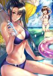  arm_support ashigara_(kantai_collection) bangs bare_shoulders beach beach_mat beach_umbrella bikini black_hair blue_sky blush bottle breasts brown_eyes brown_hair cleavage closed_mouth cloud collarbone commentary_request cooler day hair_ornament head_tilt holding holding_bottle innertube kantai_collection kazu_(otonoki86) large_breasts long_hair looking_at_viewer lotion multiple_girls nachi_(kantai_collection) navel ocean open_mouth outdoors print_innertube see-through side_ponytail sidelocks sitting sky smile standing standing_on_one_leg star stomach sunlight sunscreen swimsuit thighs transparent umbrella v wariza water_bottle white_bikini 