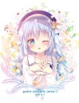  1girl blue_eyes blue_hair blue_hat blush character_name collarbone dated eyebrows_visible_through_hair flower gochuumon_wa_usagi_desu_ka? hair_flower hair_ornament happy_birthday hat kafuu_chino long_hair long_sleeves looking_at_viewer mitsumomo_mamu one_eye_closed open_mouth smile solo upper_body x_hair_ornament 