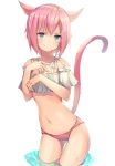  animal_ears bangs bare_shoulders bikini blue_eyes cat_ears cat_girl cat_tail closed_mouth facial_mark final_fantasy final_fantasy_xiv highres miqo'te navel pink_hair short_hair simple_background smile solo swimsuit tail tail_raised tota_(sizukurubiks) v-shaped_eyebrows wading water white_background 