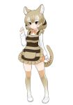  apron bow bowtie brown_eyes empty_eyes expressionless extra_ears eyebrows_visible_through_hair full_body gradient_legwear hand_up ise_(0425) kemono_friends light_brown_hair long_sleeves multicolored_hair orange_neckwear shirt shoes simple_background solo standing thighhighs thylacine_(kemono_friends) thylacine_ears thylacine_tail white_background white_footwear white_shirt 